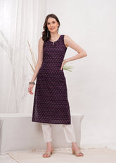 Elegant Violet Printed Cotton Long Kurti for Women with 3/4th Sleeves, Round Neck, and Comfortable Straight Fit - Perfect for Casual and Festive Wear